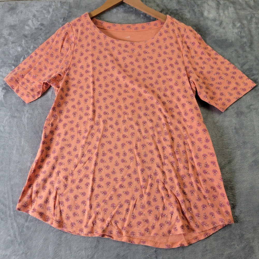 J.Jill Orange Floral Pima Slub Elbow Sleeve Tee Medium Crewneck T-Shirt